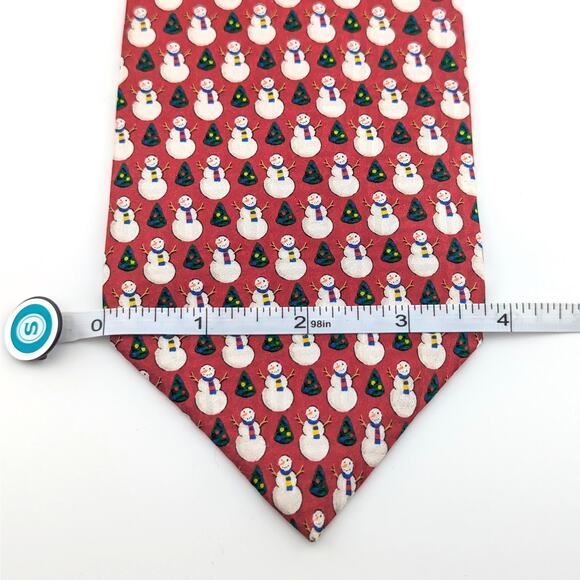 Vintage FN Mens Tie Silk Snowman Christmas Tree Novelty Print Red Made in USA - Picture 7 of 8